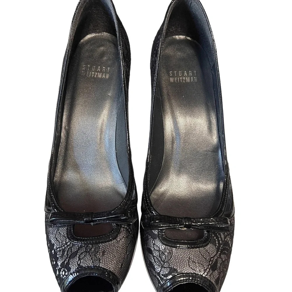 Stuart Weitzman Silver Peep toe Pumps with Black Lace Overlay - Picture 4 of 11